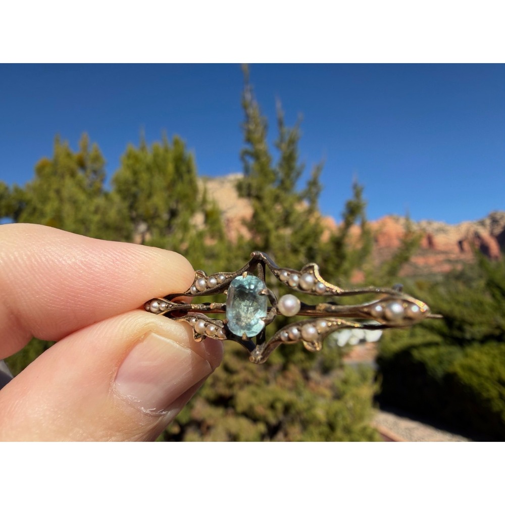 Antique Edwardian 14k Gold Aquamarine Seed Pearl Bar Brooch Art Nouveau c1905 - Picture 7 of 12